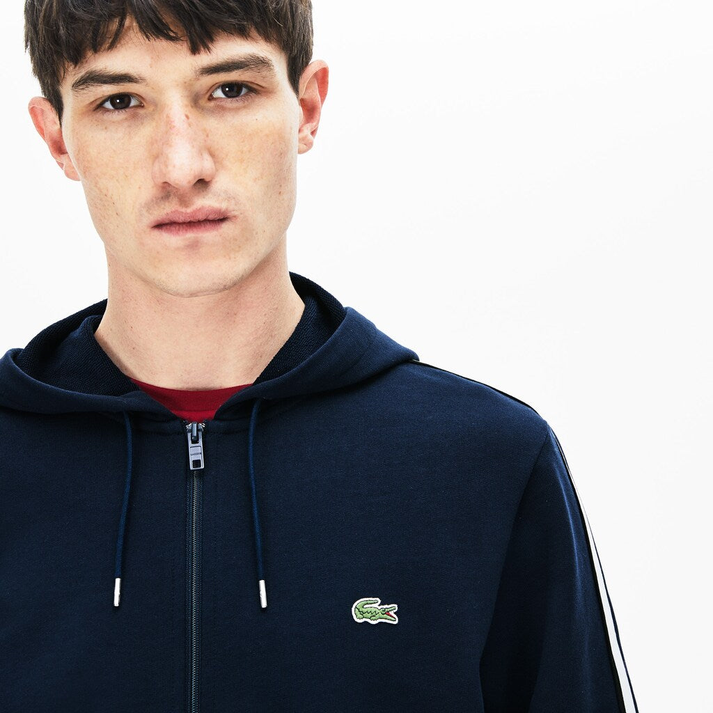 Mens   Striped-Sleeve Hooded Zip Fleece Sweatshirt | Lacoste Navy Blue • 166