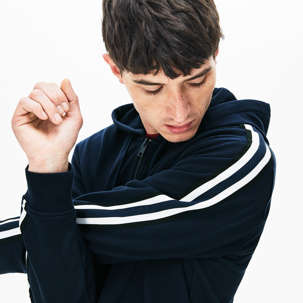 Mens   Striped-Sleeve Hooded Zip Fleece Sweatshirt | Lacoste Navy Blue • 166