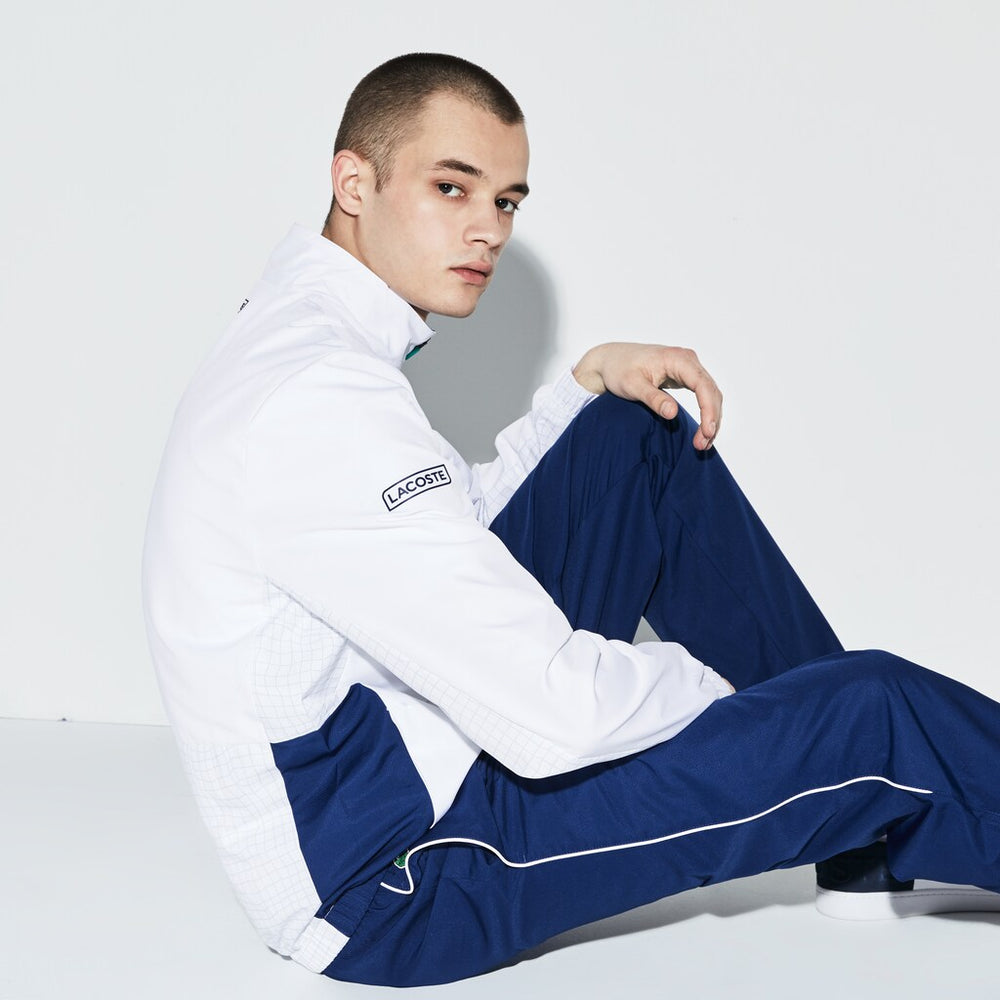Mens   SPORT Piped Taffeta Tennis Tracksuit | Lacoste White / Navy Blue / Grey / Green • Enc