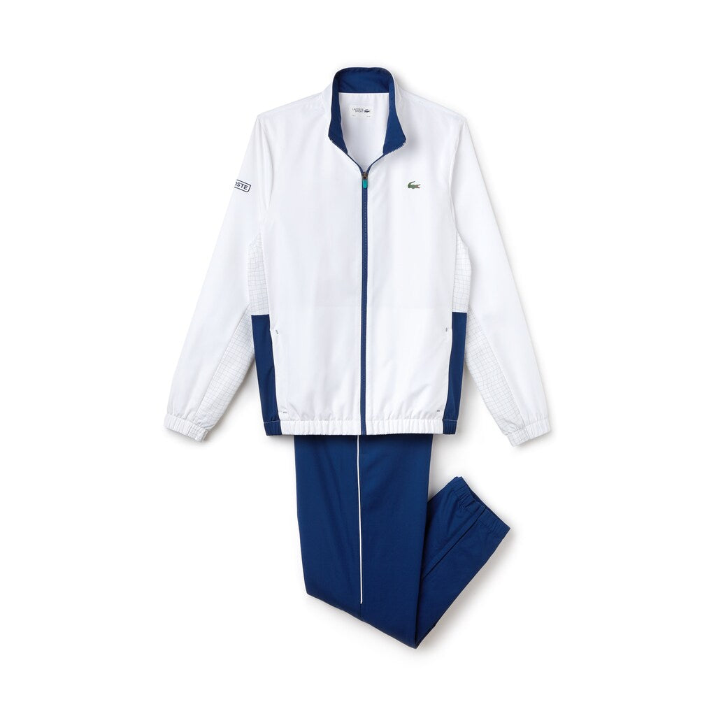 Mens   SPORT Piped Taffeta Tennis Tracksuit | Lacoste White / Navy Blue / Grey / Green • Enc