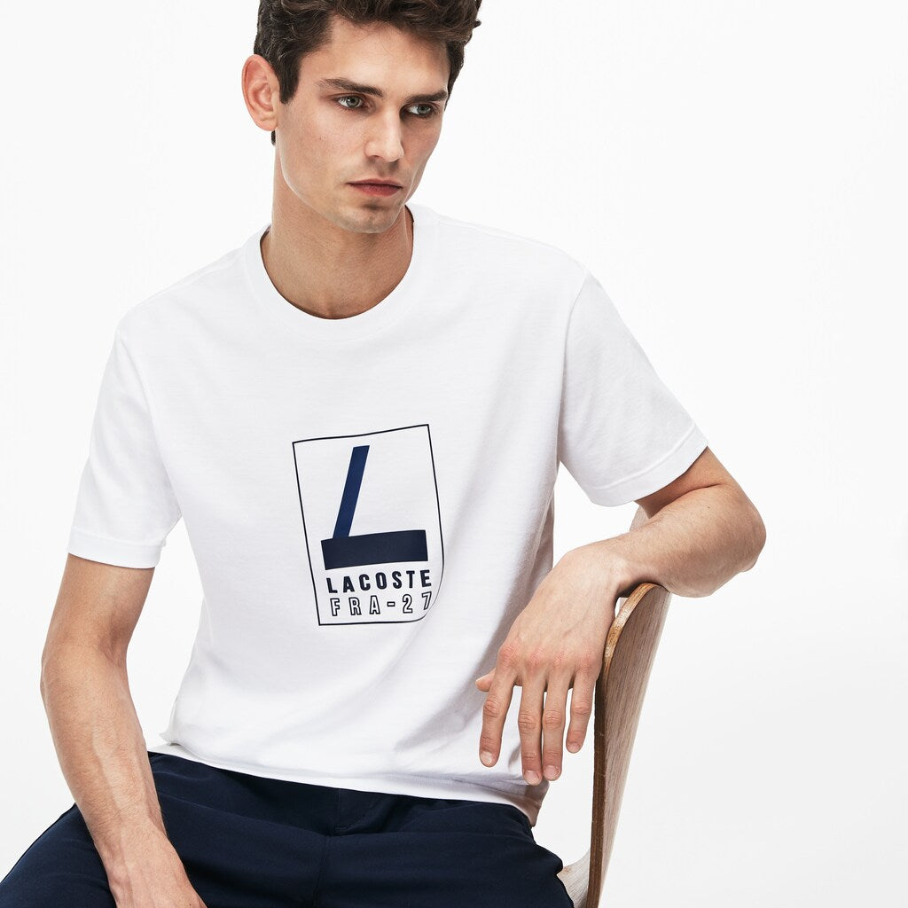 Mens   Crew Neck Rubber Lettering Soft Jersey T-shirt | Lacoste White • 001
