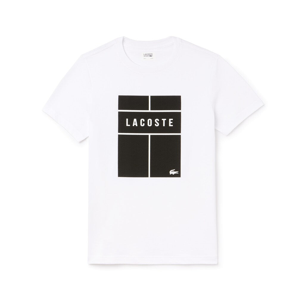 Mens   SPORT Crew Neck Lettering Jersey Tennis T-shirt | Lacoste White / Black / White • Bld