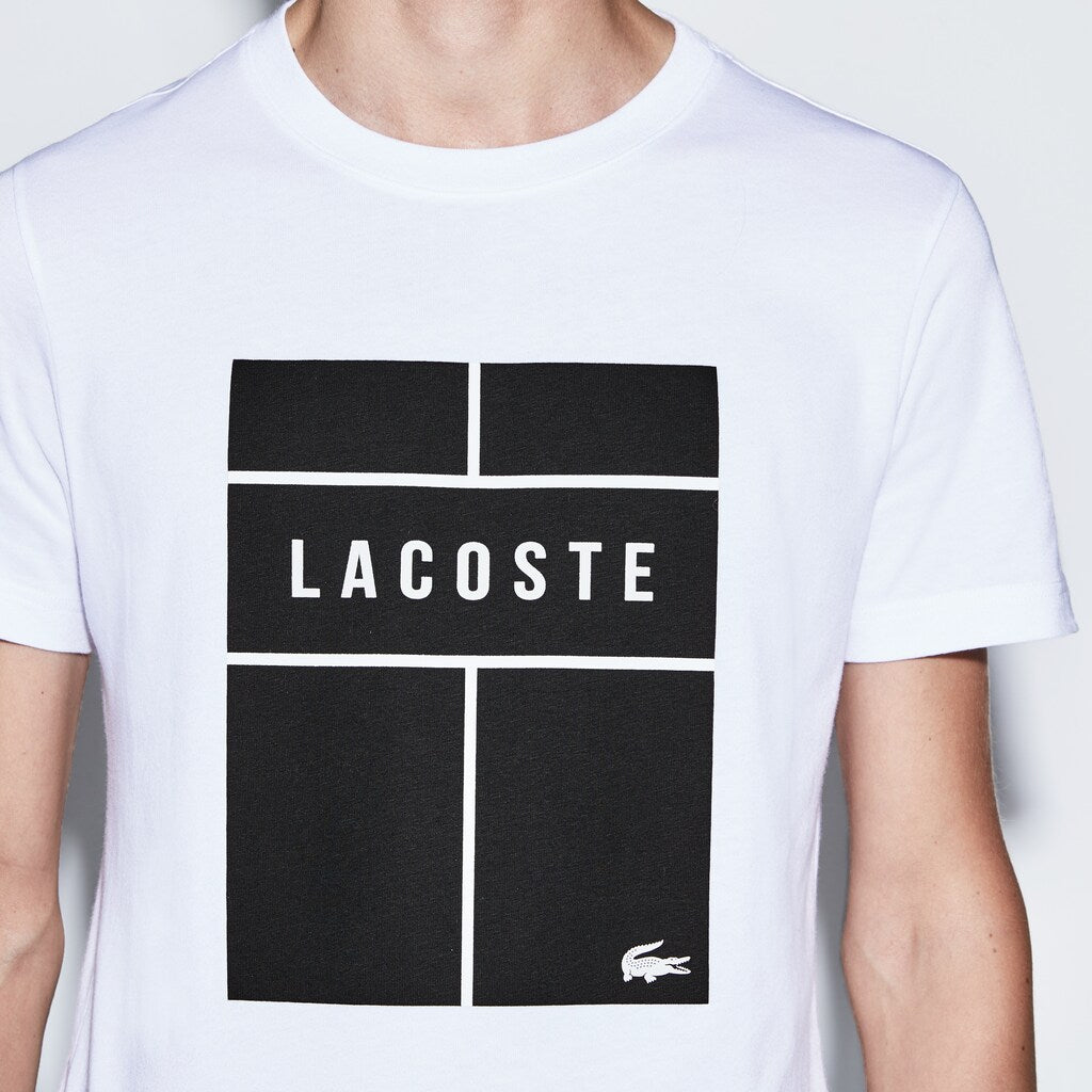Mens   SPORT Crew Neck Lettering Jersey Tennis T-shirt | Lacoste White / Black / White • Bld