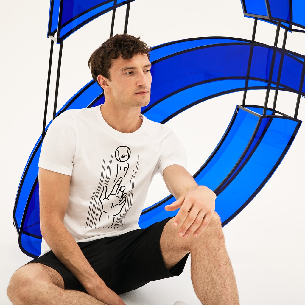 Mens   SPORT Novak Djokovic Crew Neck Print Technical T-Shirt | Lacoste White / Black • Au8