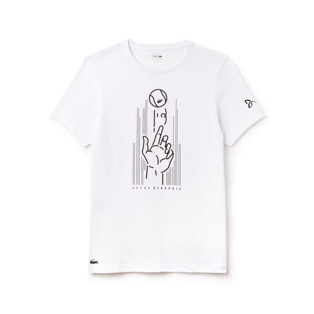 Mens   SPORT Novak Djokovic Crew Neck Print Technical T-Shirt | Lacoste White / Black • Au8