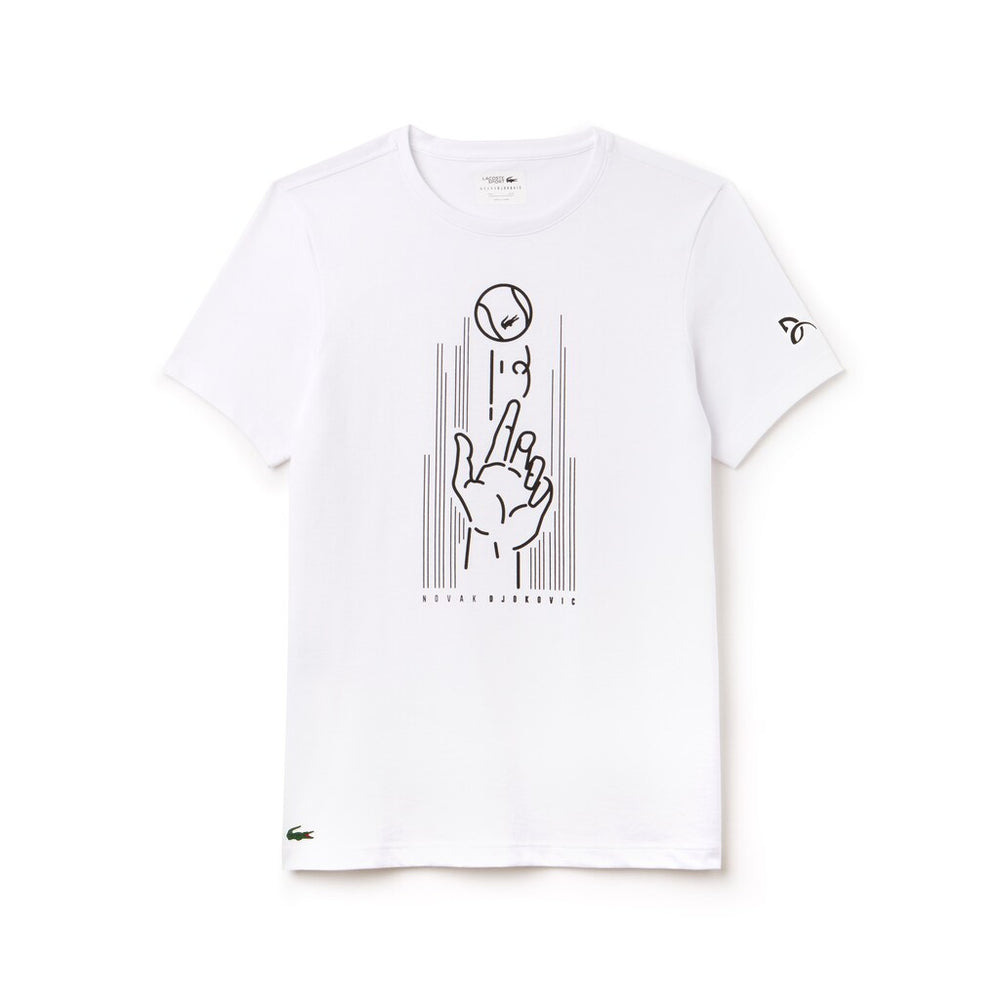 Mens   SPORT Novak Djokovic Crew Neck Print Technical T-Shirt | Lacoste White / Black • Au8