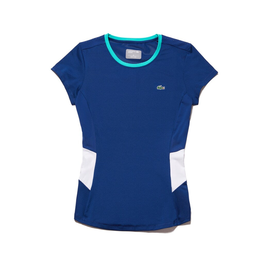 Womens Wo  SPORT Crew Neck Stretch Jersey Tennis T-shirt | Lacoste Navy Blue / White / Green • Ezr