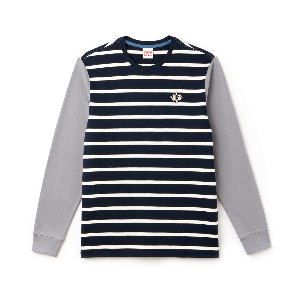 Mens   LIVE Striped Cotton Jersey T-shirt | Lacoste Blue / White / Dark Grey • D9Z