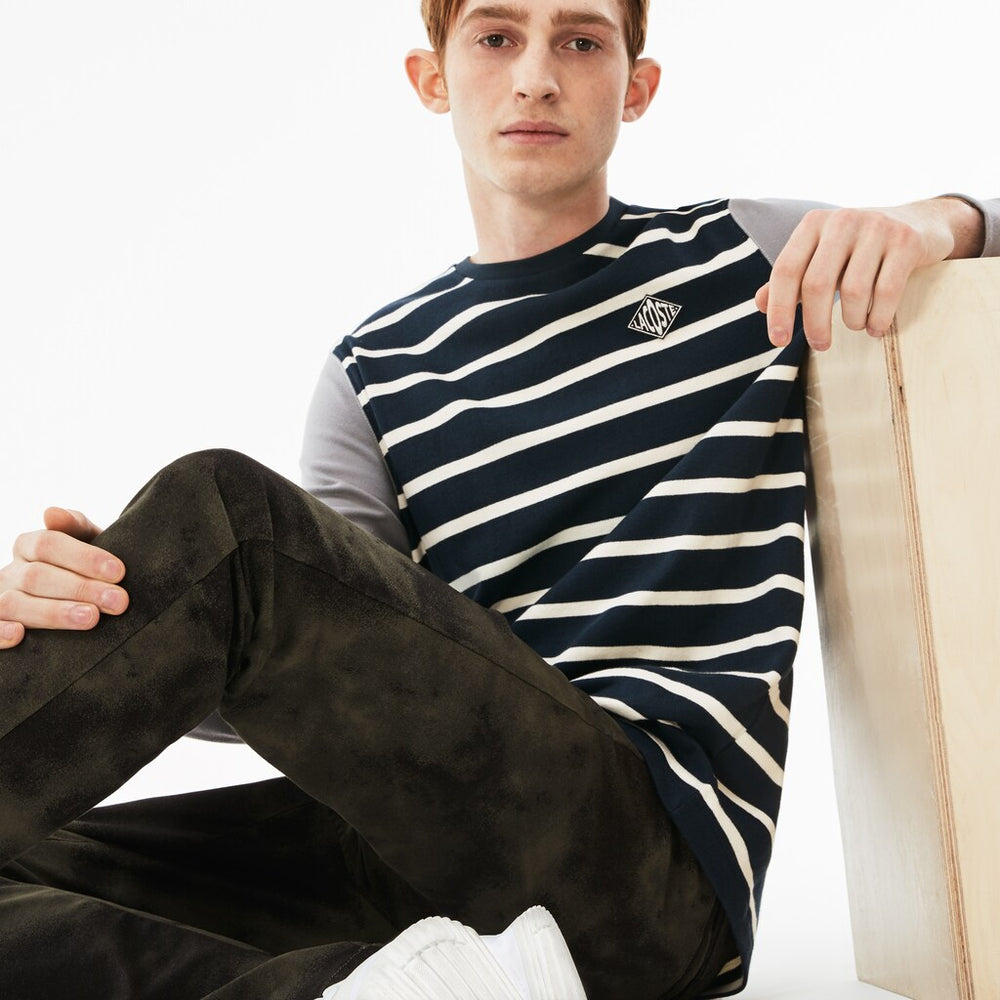 Mens   LIVE Striped Cotton Jersey T-shirt | Lacoste Blue / White / Dark Grey • D9Z