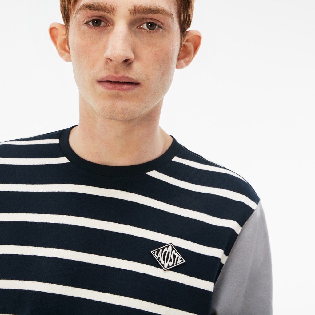 Mens   LIVE Striped Cotton Jersey T-shirt | Lacoste Blue / White / Dark Grey • D9Z