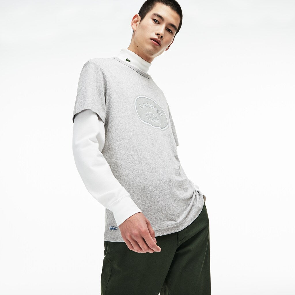 Mens   Crew Neck Oversized Badge Cotton Jersey T-Shirt | Lacoste Grey • Esv