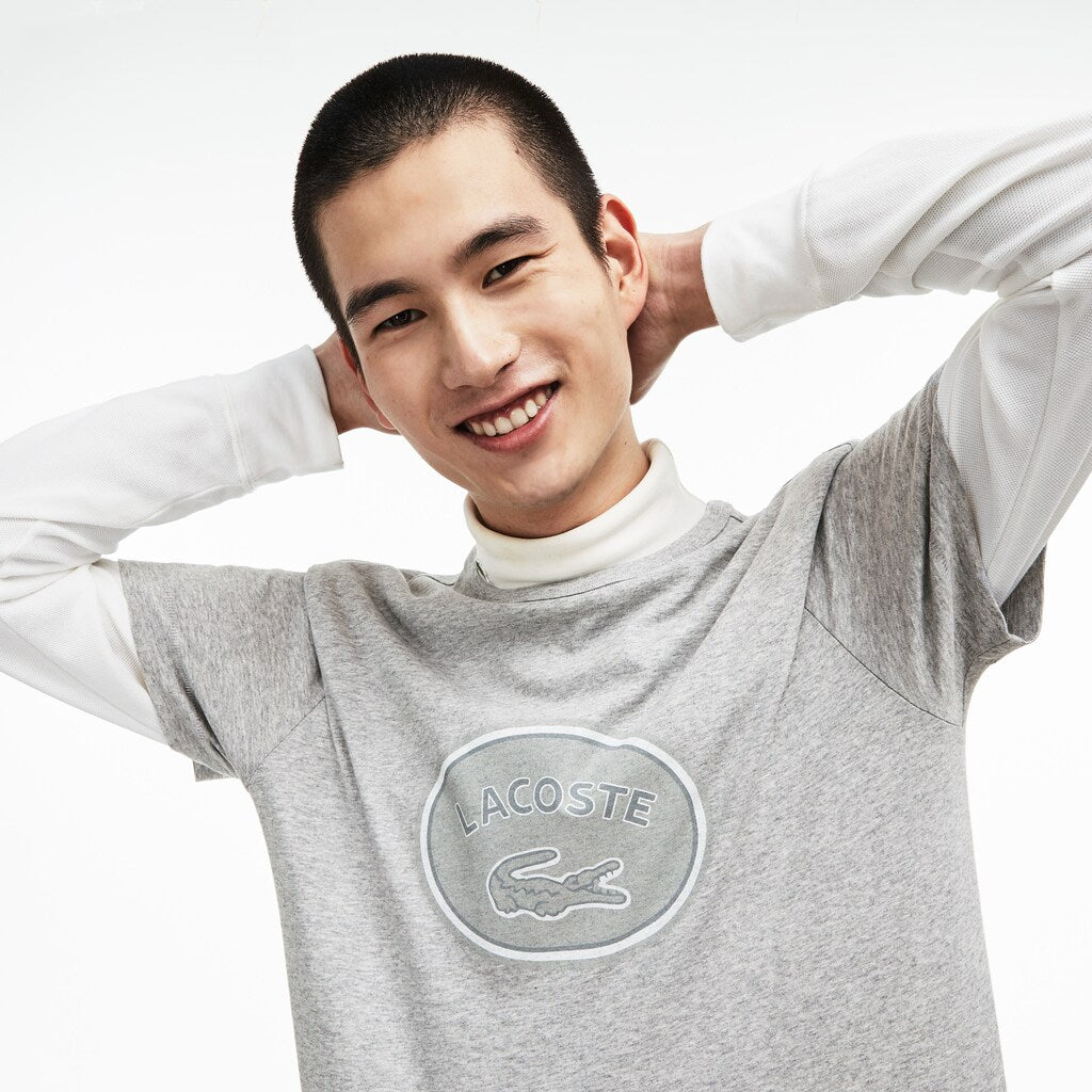 Mens   Crew Neck Oversized Badge Cotton Jersey T-Shirt | Lacoste Grey • Esv