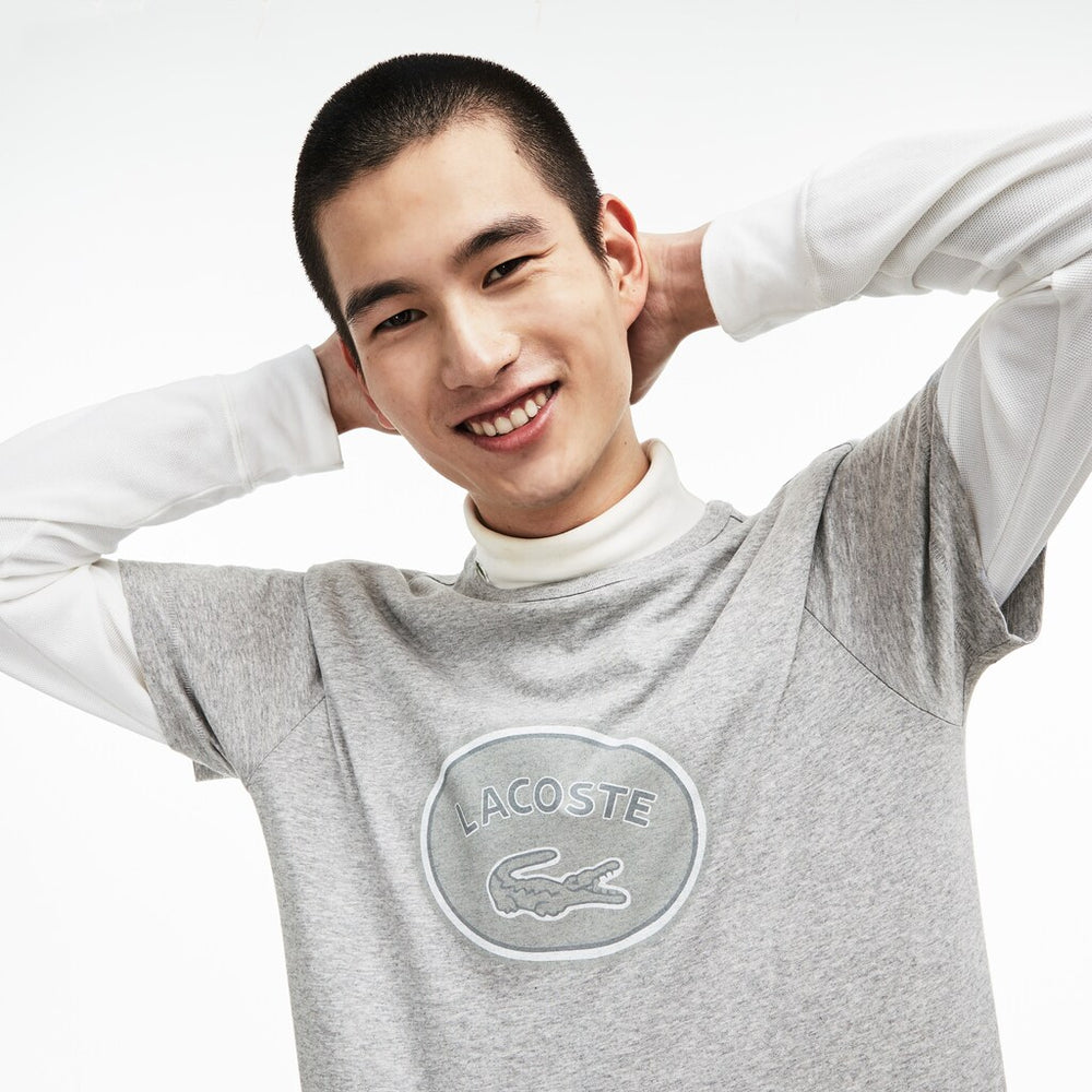 Mens   Crew Neck Oversized Badge Cotton Jersey T-Shirt | Lacoste Grey • Esv