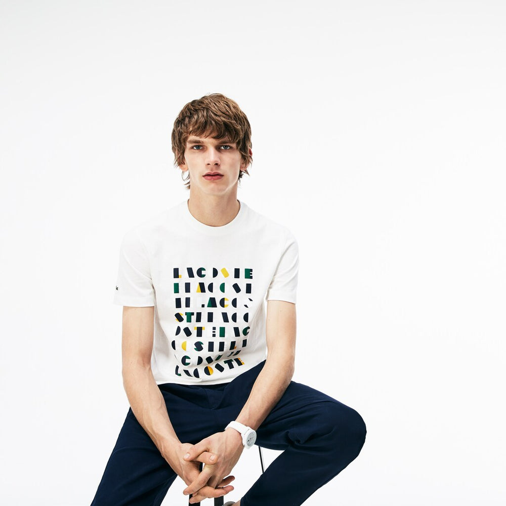 Mens   Crew Neck 3D Lettering Cotton Jersey T-shirt | Lacoste White • 70V