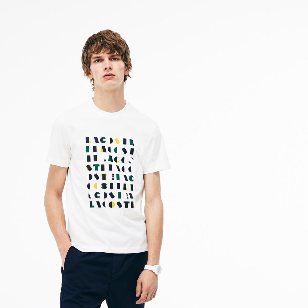 Mens   Crew Neck 3D Lettering Cotton Jersey T-shirt | Lacoste White • 70V