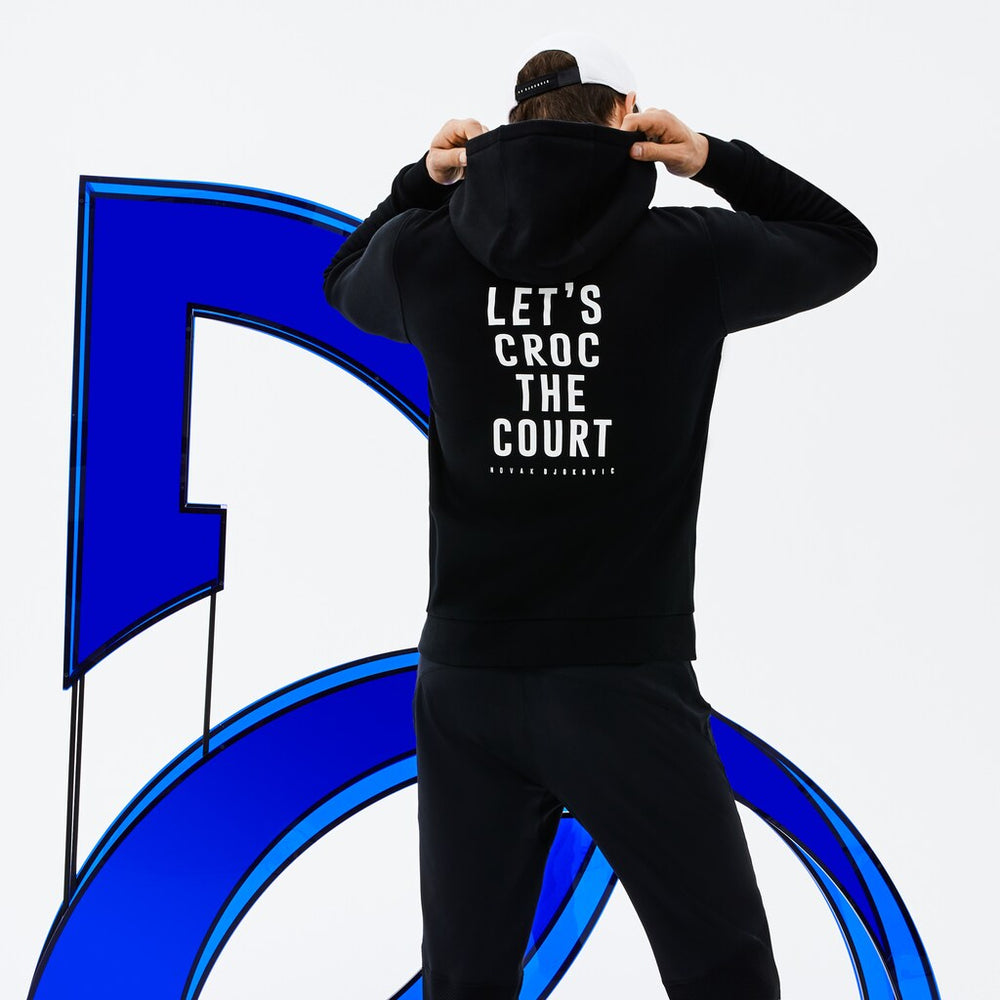 Mens   SPORT Novak Djokovic Technical Fleece Hooded Zip Sweatshirt | Lacoste Black / Grey Chine / White • G44