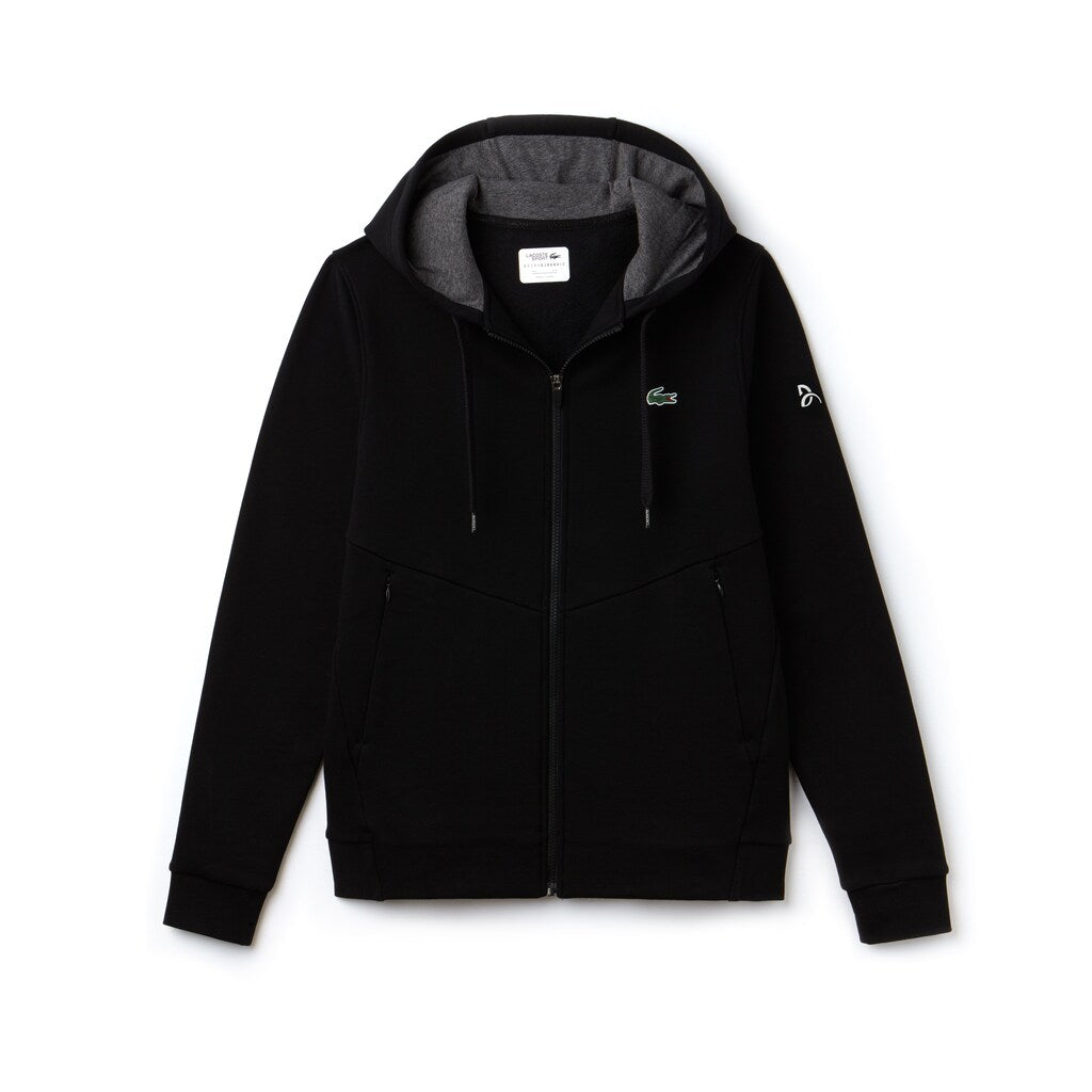 Mens   SPORT Novak Djokovic Technical Fleece Hooded Zip Sweatshirt | Lacoste Black / Grey Chine / White • G44