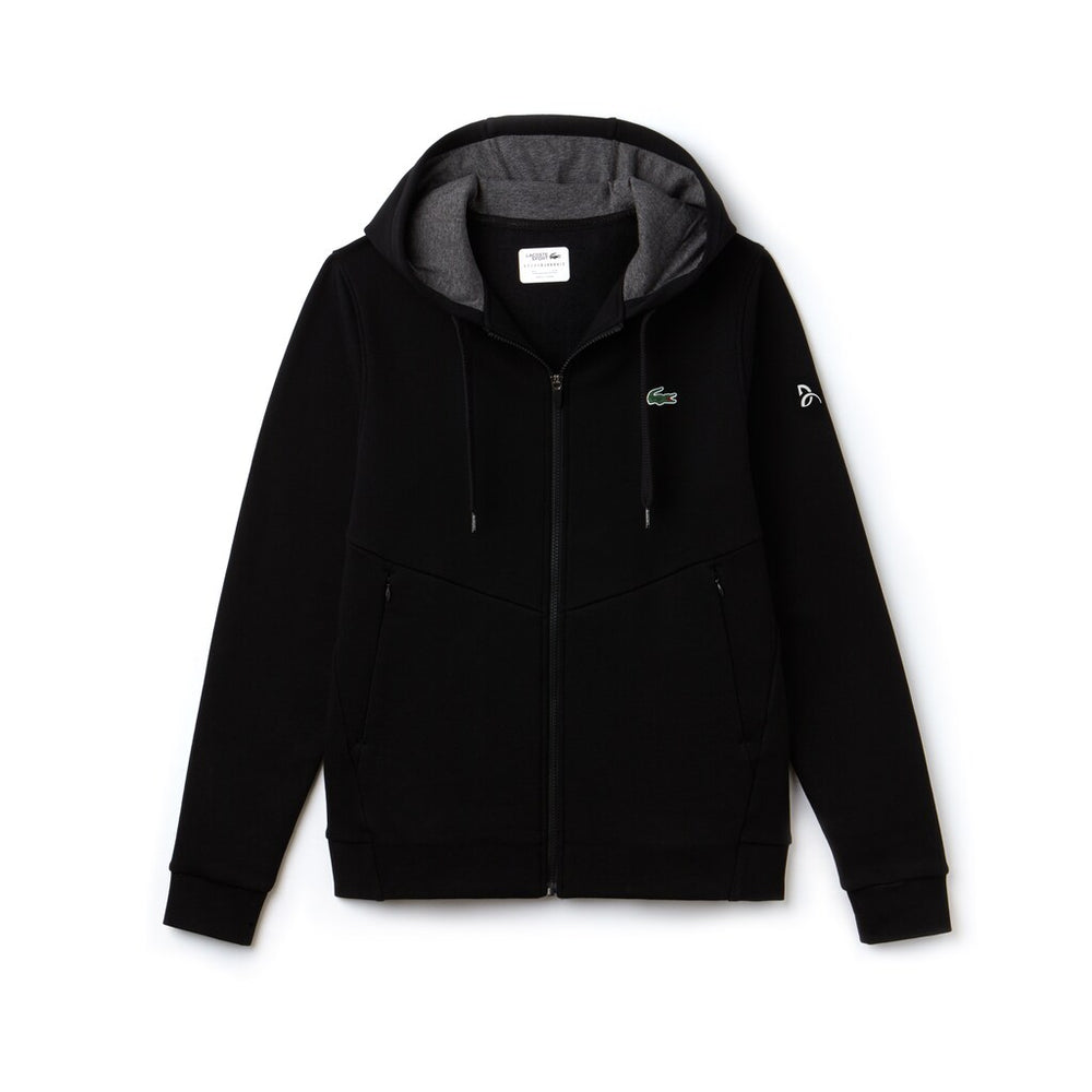 Mens   SPORT Novak Djokovic Technical Fleece Hooded Zip Sweatshirt | Lacoste Black / Grey Chine / White • G44