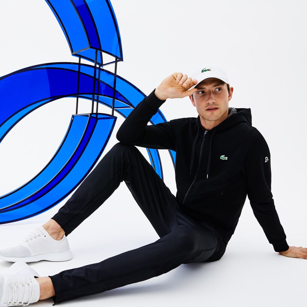 Mens   SPORT Novak Djokovic Technical Fleece Hooded Zip Sweatshirt | Lacoste Black / Grey Chine / White • G44