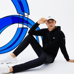 Mens   SPORT Novak Djokovic Technical Fleece Hooded Zip Sweatshirt | Lacoste Black / Grey Chine / White • G44