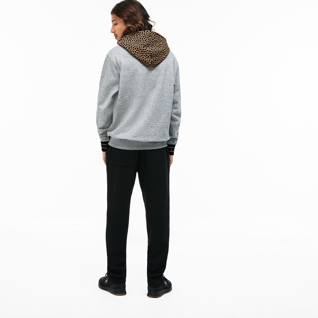Mens   LIVE Leopard Print Hood Fleece Sweatshirt | Lacoste Grey Chine / White • D9R