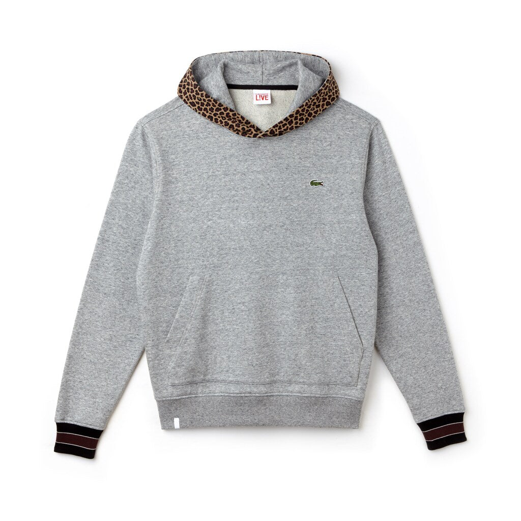 Mens   LIVE Leopard Print Hood Fleece Sweatshirt | Lacoste Grey Chine / White • D9R