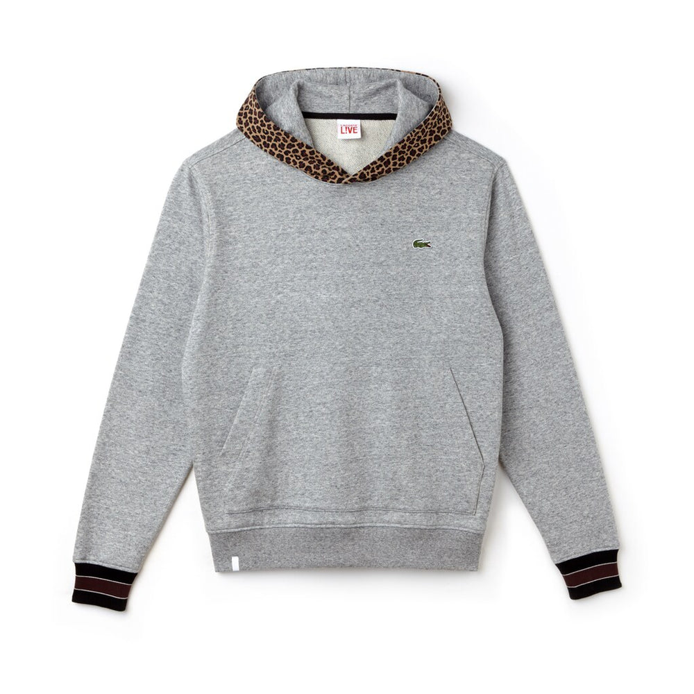 Mens   LIVE Leopard Print Hood Fleece Sweatshirt | Lacoste Grey Chine / White • D9R