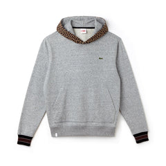 Mens   LIVE Leopard Print Hood Fleece Sweatshirt | Lacoste Grey Chine / White • D9R