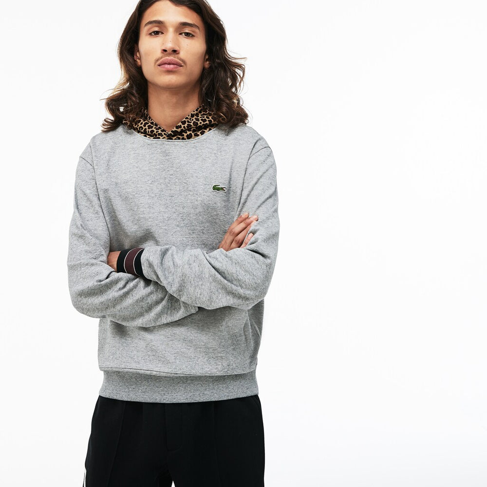 Mens   LIVE Leopard Print Hood Fleece Sweatshirt | Lacoste Grey Chine / White • D9R
