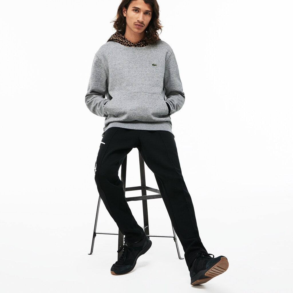Mens   LIVE Leopard Print Hood Fleece Sweatshirt | Lacoste Grey Chine / White • D9R