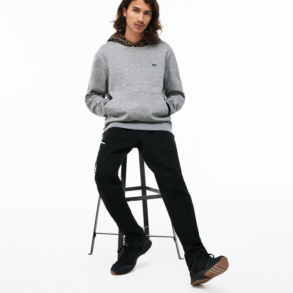 Mens   LIVE Leopard Print Hood Fleece Sweatshirt | Lacoste Grey Chine / White • D9R
