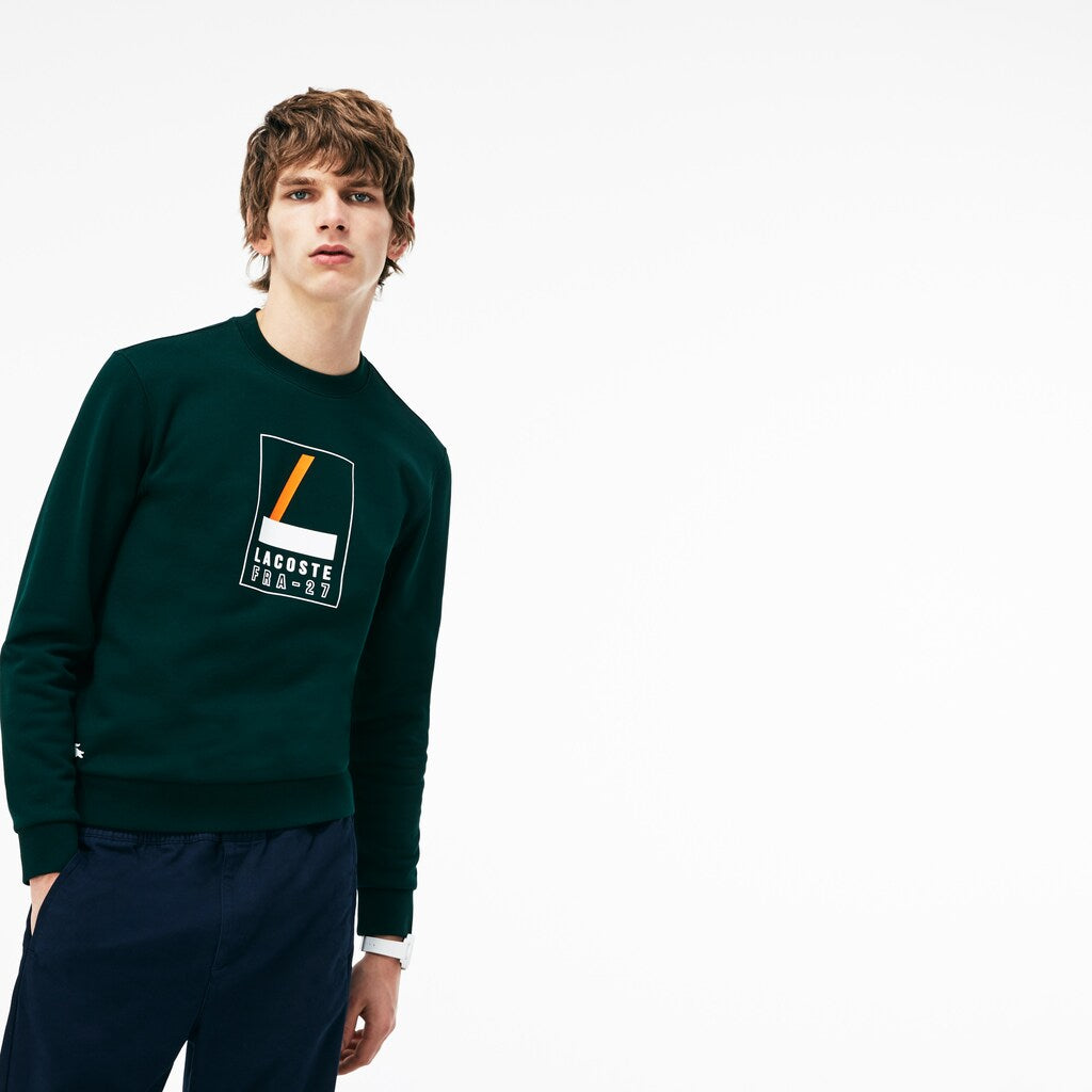Mens   Crew Neck Print Fleece Sweatshirt | Lacoste Green / White • K5E