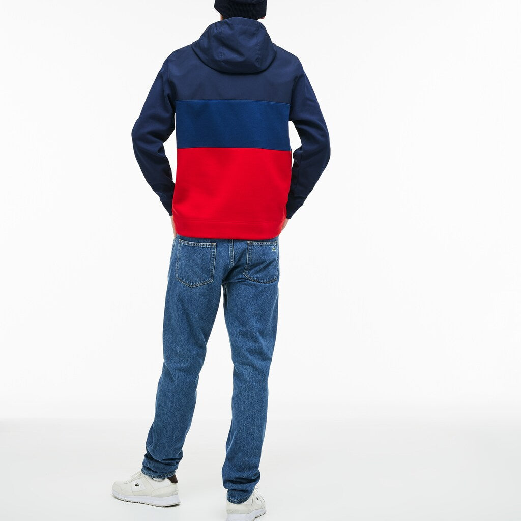 Mens   Hooded Colorblock Fleece Jersey Sweatshirt | Lacoste Navy Blue / Red • Aej