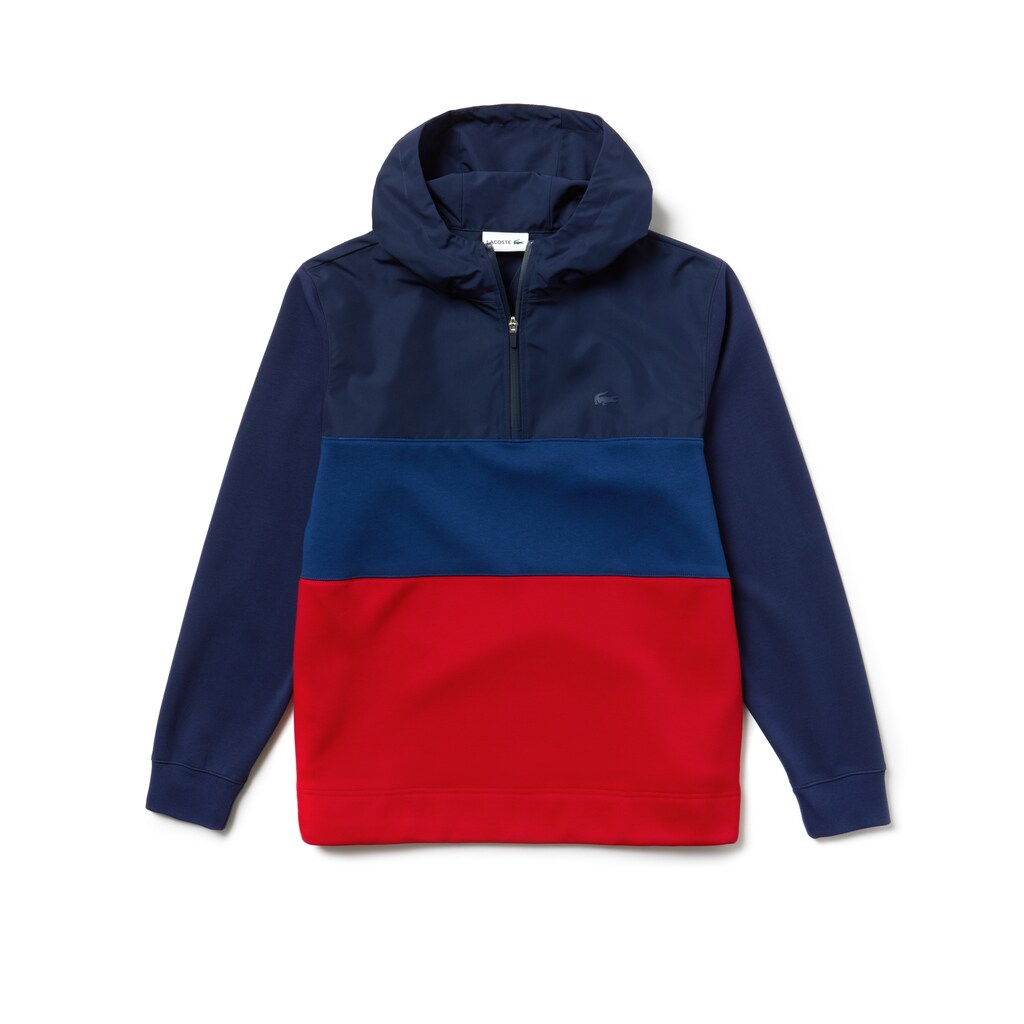 Mens   Hooded Colorblock Fleece Jersey Sweatshirt | Lacoste Navy Blue / Red • Aej