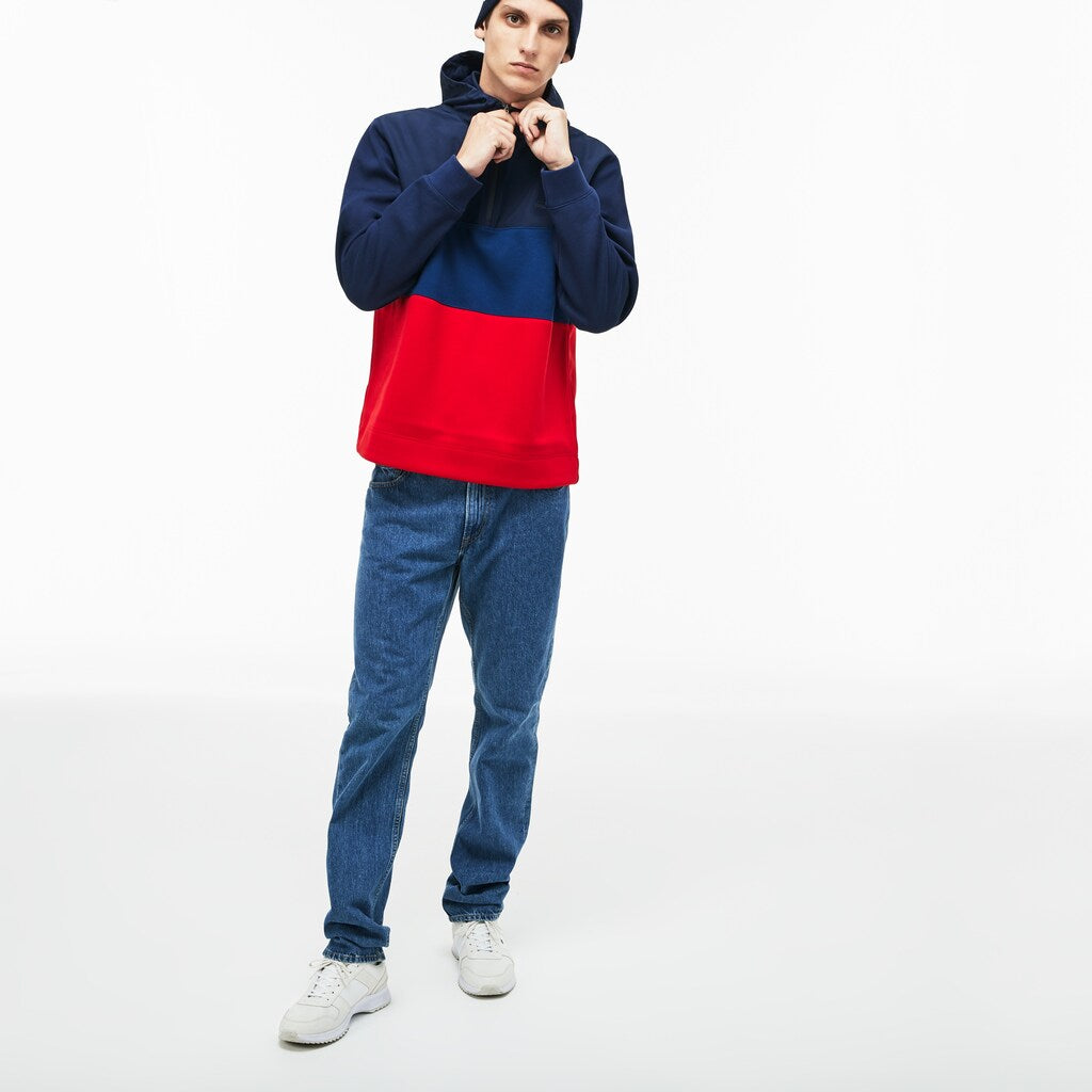 Mens   Hooded Colorblock Fleece Jersey Sweatshirt | Lacoste Navy Blue / Red • Aej