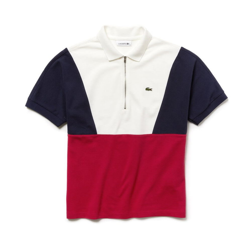 Womens Wo  Zip Neck Colorblock Terrycloth Piqué Polo | Lacoste White / Navy Blue / Red • Av3