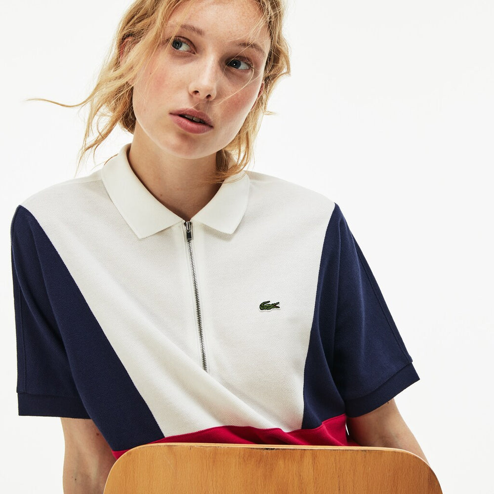 Womens Wo  Zip Neck Colorblock Terrycloth Piqué Polo | Lacoste White / Navy Blue / Red • Av3