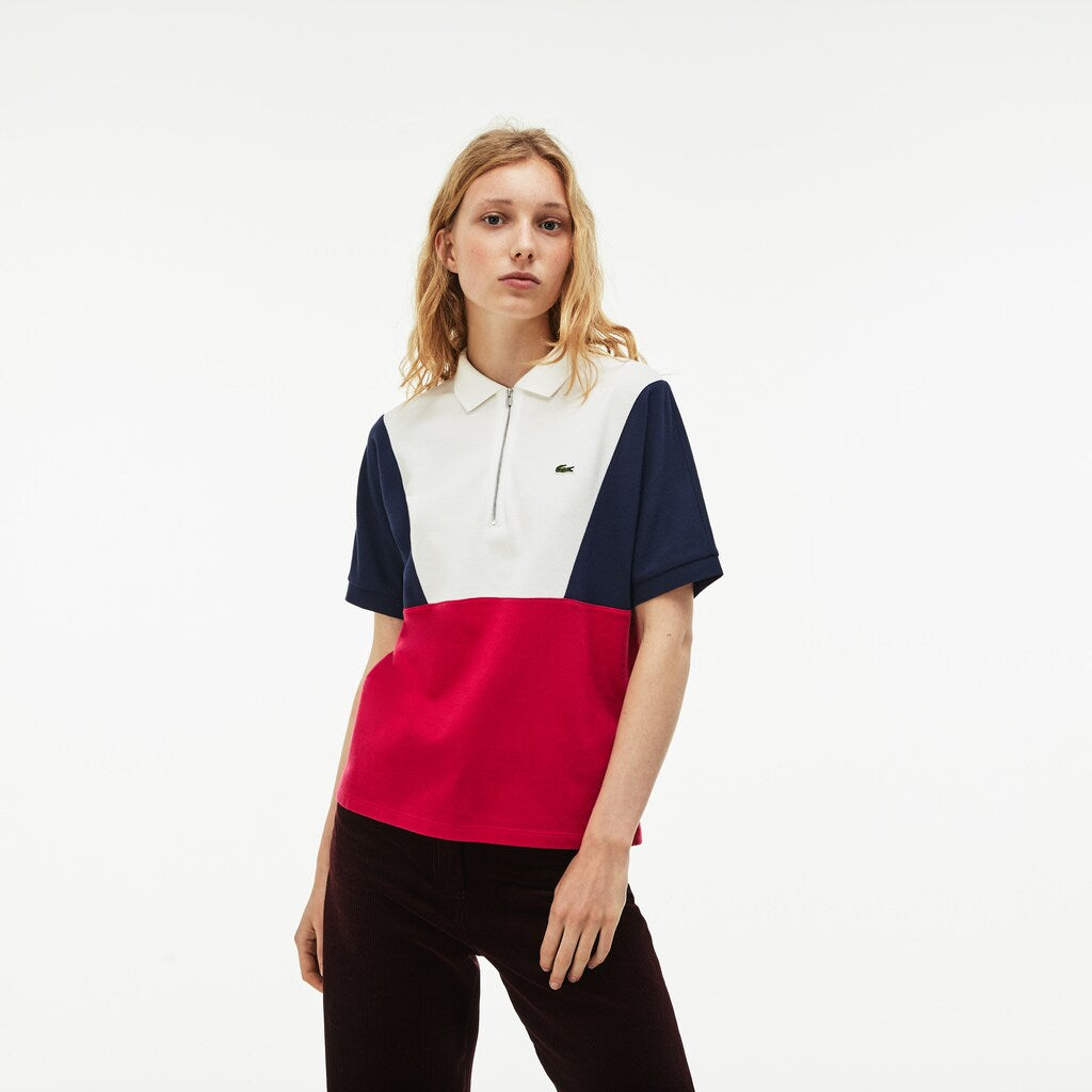 Womens Wo  Zip Neck Colorblock Terrycloth Piqué Polo | Lacoste White / Navy Blue / Red • Av3