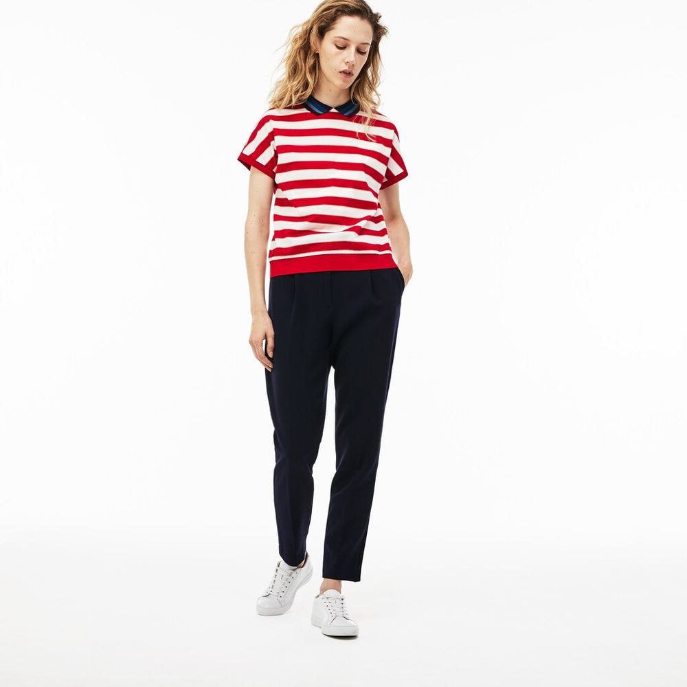 Womens Wo  Back Button Colorblock Striped Piqué Polo | Lacoste White / Red / Navy Blue • B3V