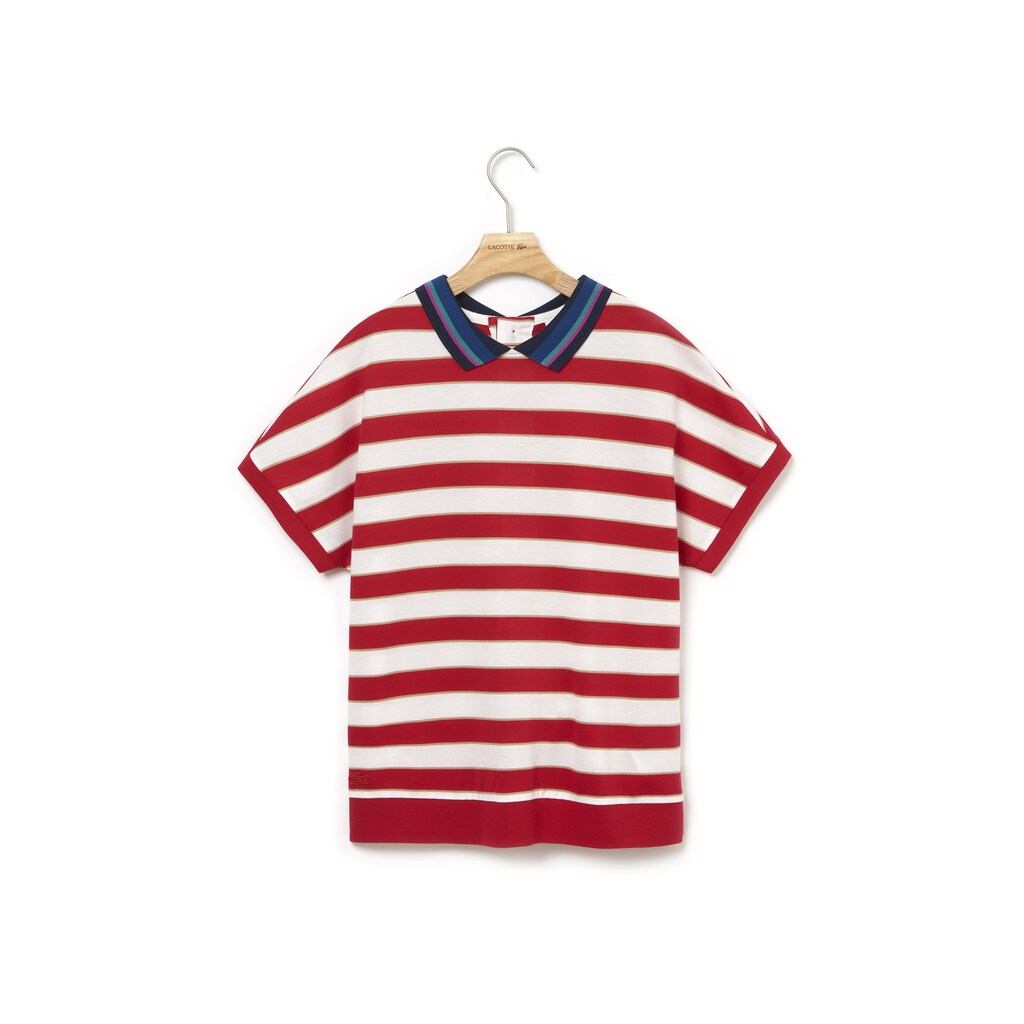 Womens Wo  Back Button Colorblock Striped Piqué Polo | Lacoste White / Red / Navy Blue • B3V
