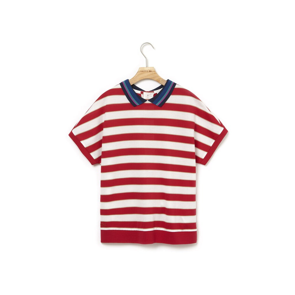 Womens Wo  Back Button Colorblock Striped Piqué Polo | Lacoste White / Red / Navy Blue • B3V