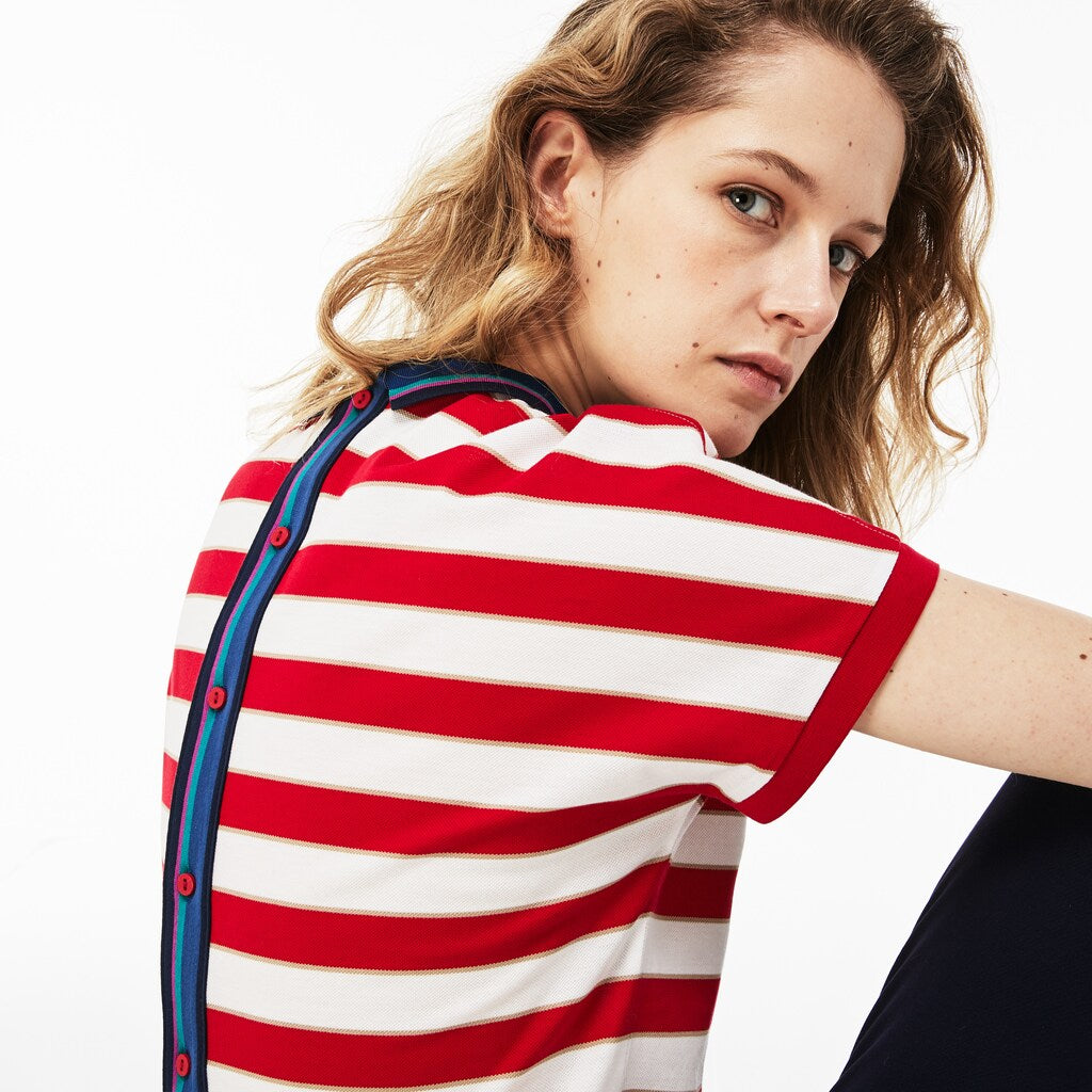 Womens Wo  Back Button Colorblock Striped Piqué Polo | Lacoste White / Red / Navy Blue • B3V