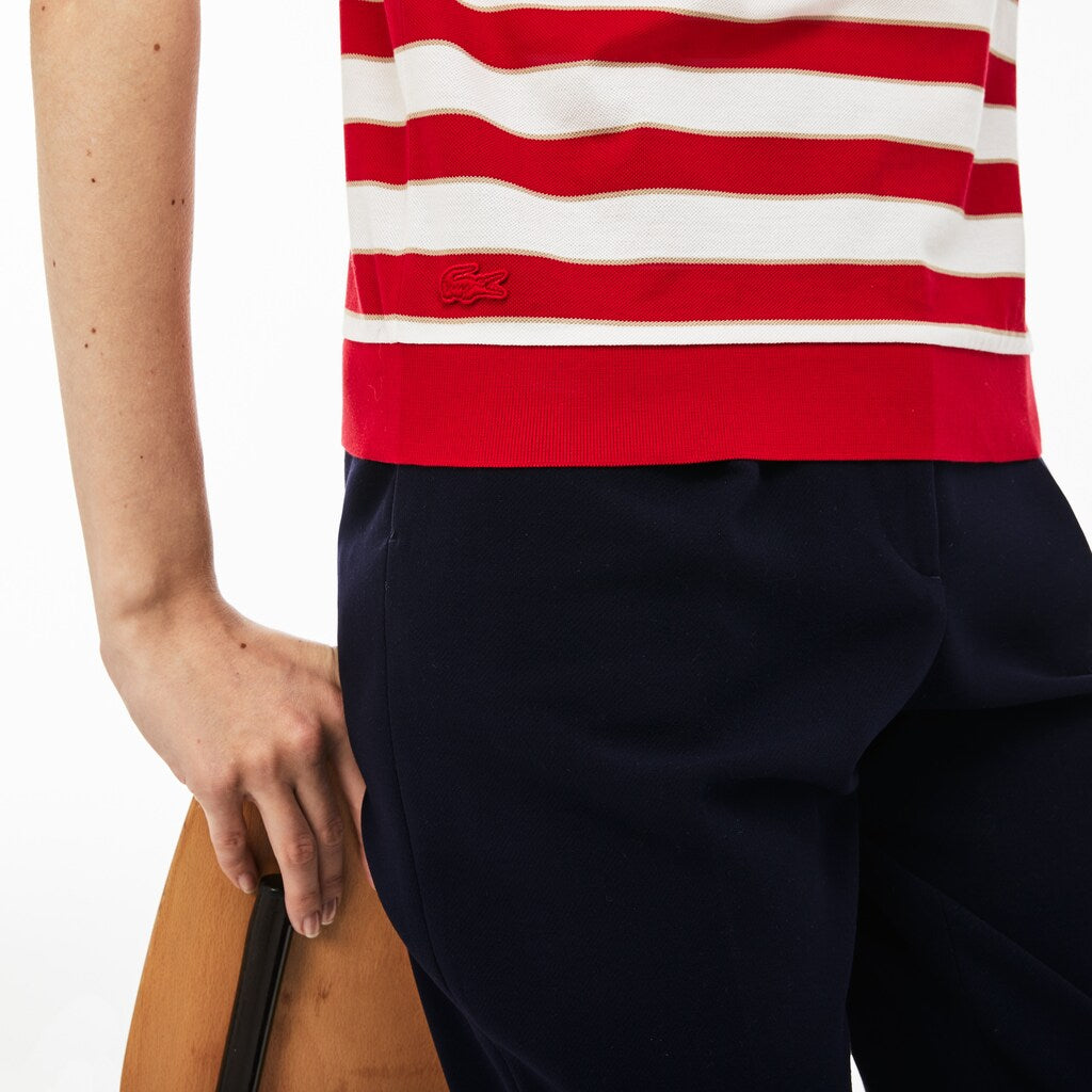 Womens Wo  Back Button Colorblock Striped Piqué Polo | Lacoste White / Red / Navy Blue • B3V
