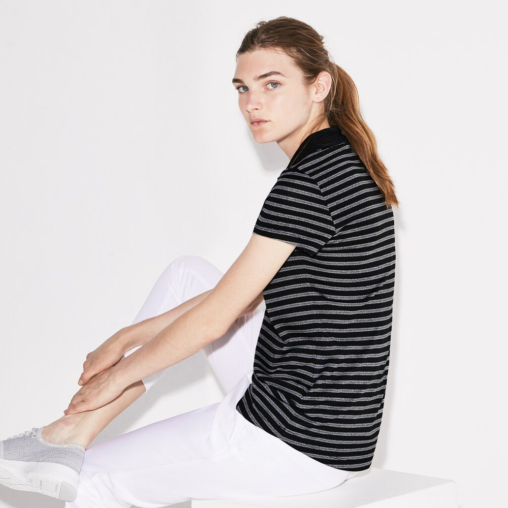 Womens Wo  SPORT Striped Technical Jersey Golf Polo | Lacoste Black / White • 258