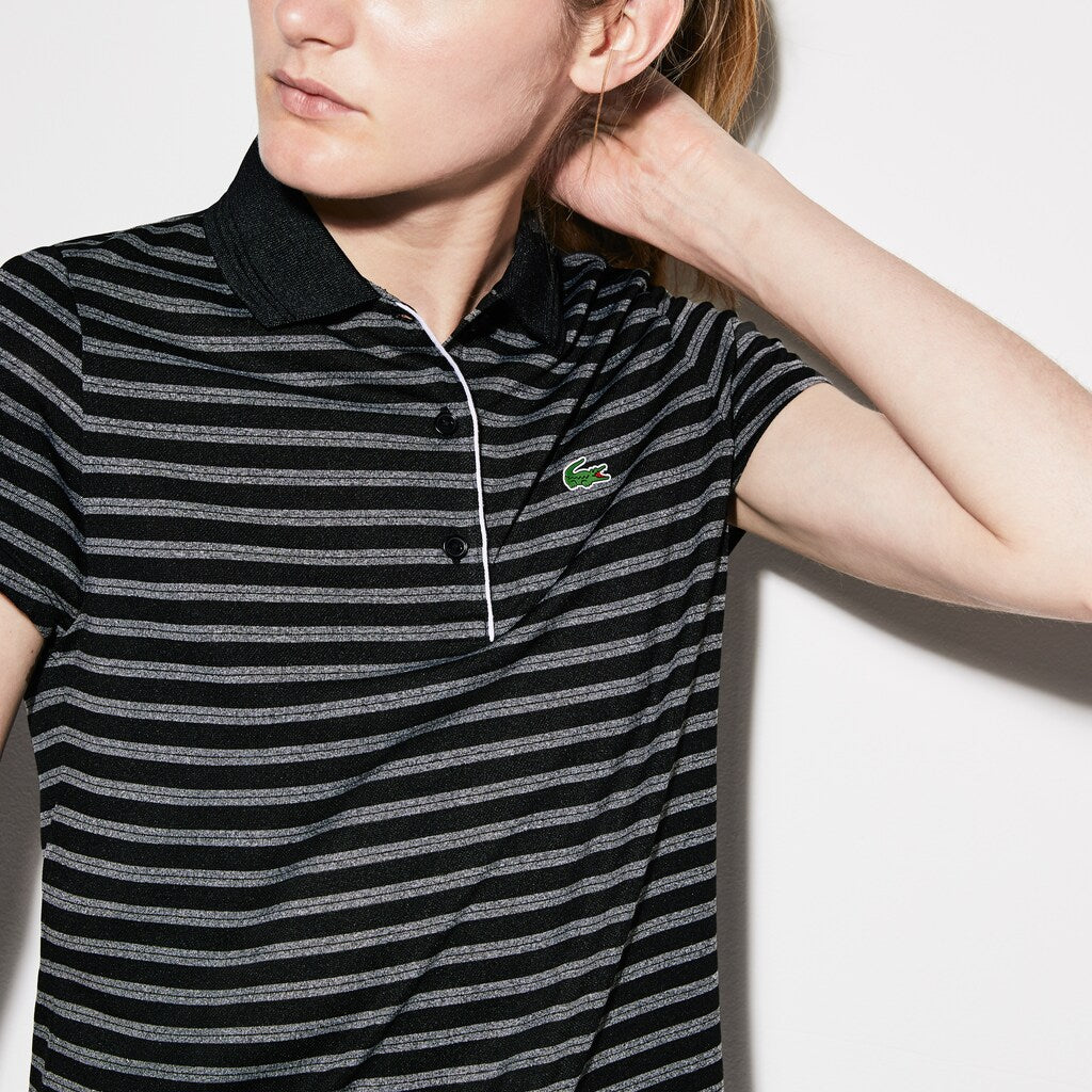 Womens Wo  SPORT Striped Technical Jersey Golf Polo | Lacoste Black / White • 258