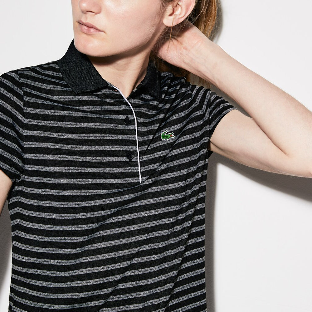 Womens Wo  SPORT Striped Technical Jersey Golf Polo | Lacoste Black / White • 258