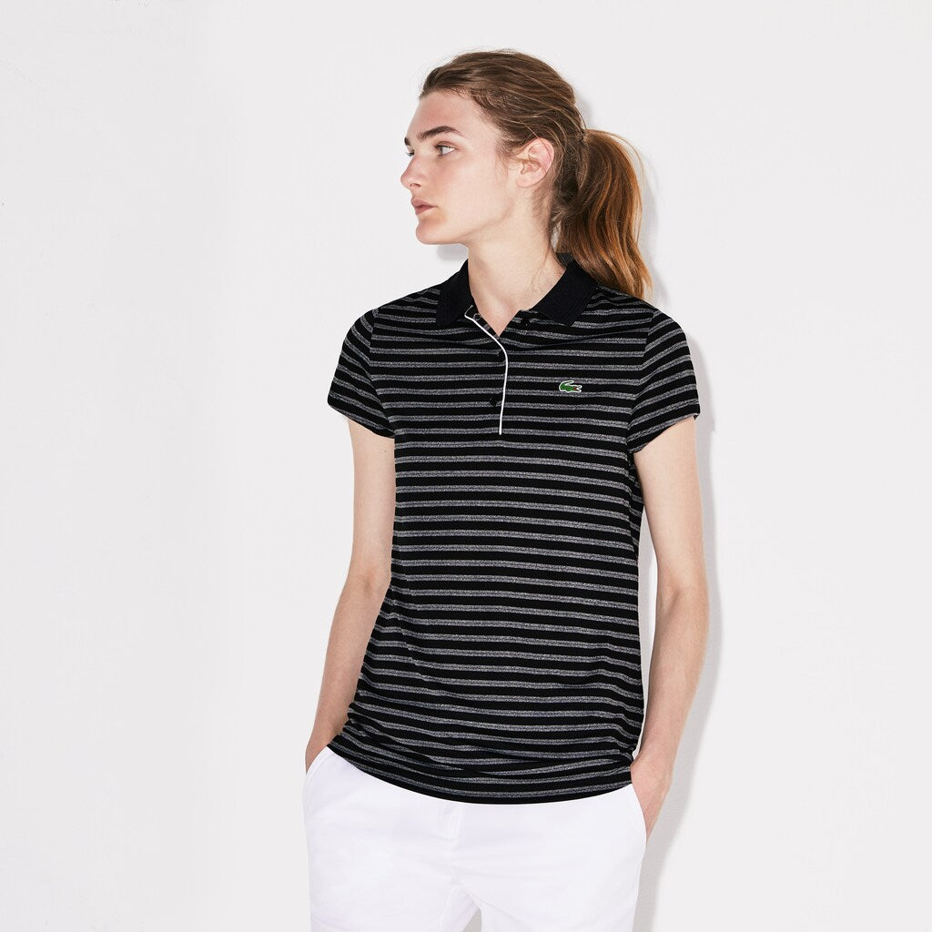 Womens Wo  SPORT Striped Technical Jersey Golf Polo | Lacoste Black / White • 258