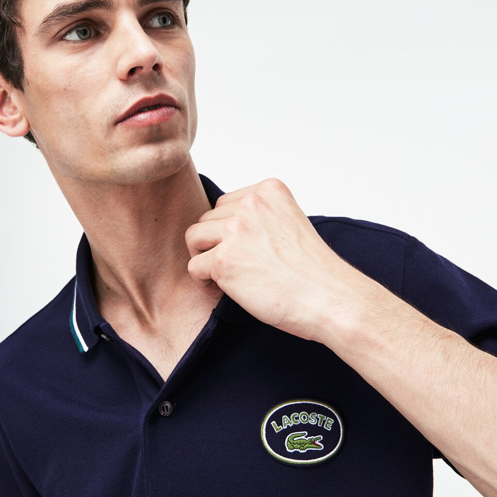 Mens   Regular Fit Striped Accents Petit Piqué Polo | Lacoste Navy Blue / Green / White • Buy