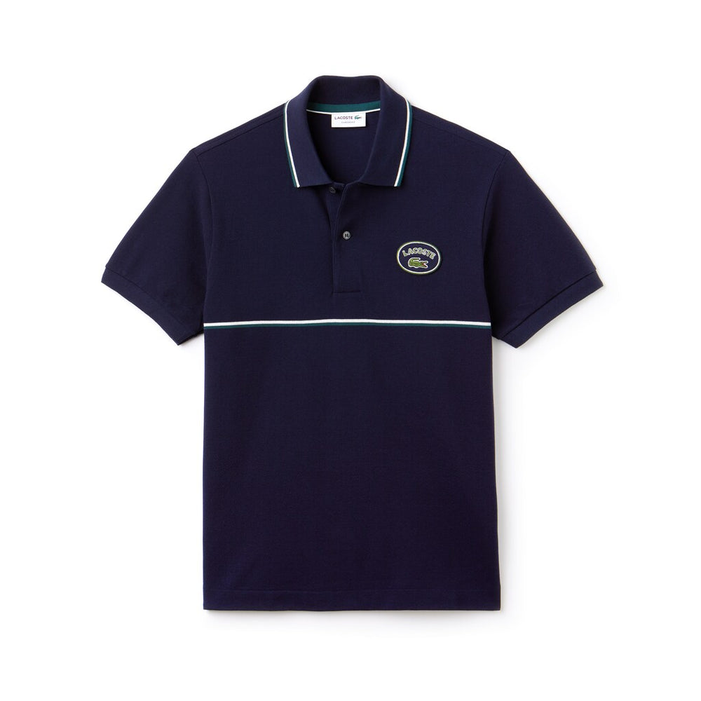 Mens   Regular Fit Striped Accents Petit Piqué Polo | Lacoste Navy Blue / Green / White • Buy
