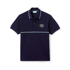 Mens   Regular Fit Striped Accents Petit Piqué Polo | Lacoste Navy Blue / Green / White • Buy